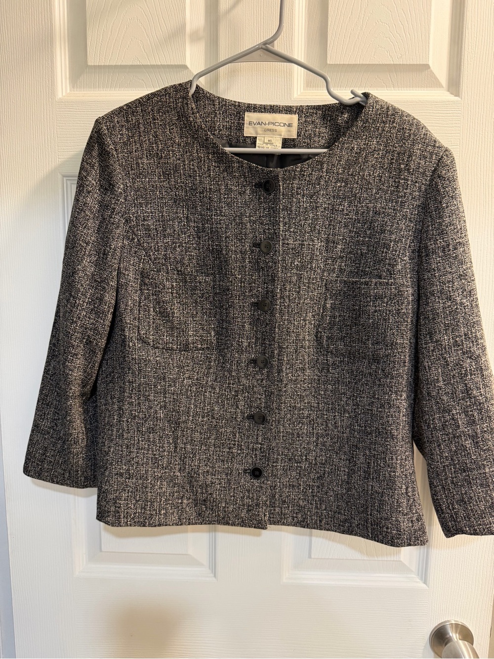 Evan Picone Black and Gray Tweed Collarless Blazer and skirt
